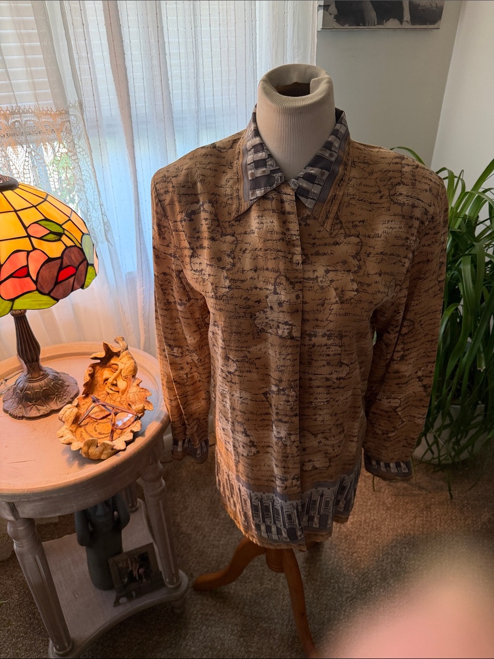Script-Print Tan Button-Down Shirt with Checked Collar